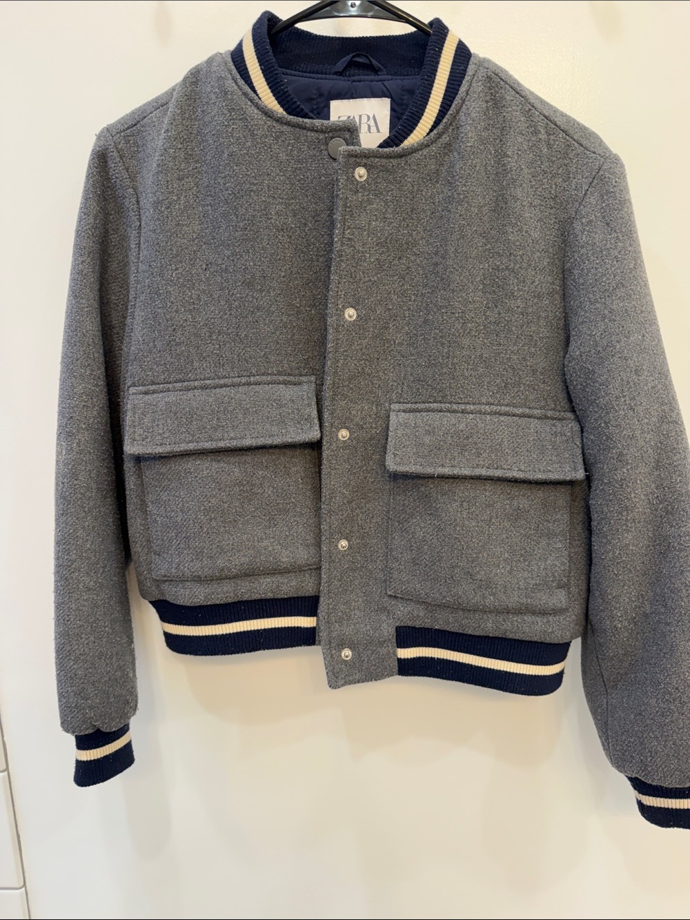 Zara Grey Wool Bomber Jacket with Navy and Cream Trim
